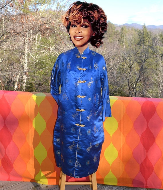 Vintage 70s Blue Kimono Robe: Nat Allen, Gold Dra… - image 1