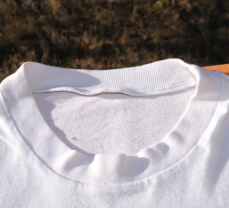 May include: White cotton t-shirt with a ribbed neckline.