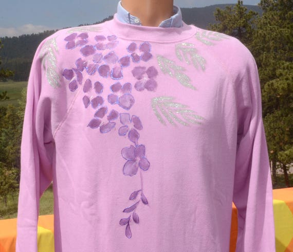 vintage 80s sweatshirt GLITTER flower floral appl… - image 1