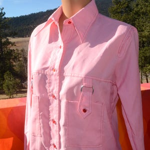 vintage 60s blouse MISS HOLLY disco pink button down shirt women&#39;s Medium 38 butterfly collar 70s