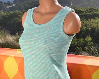 Camiseta de tirantes vintage de los años 70 para mujer, con cuello redondo, color menta y teñido espacial, talla pequeña