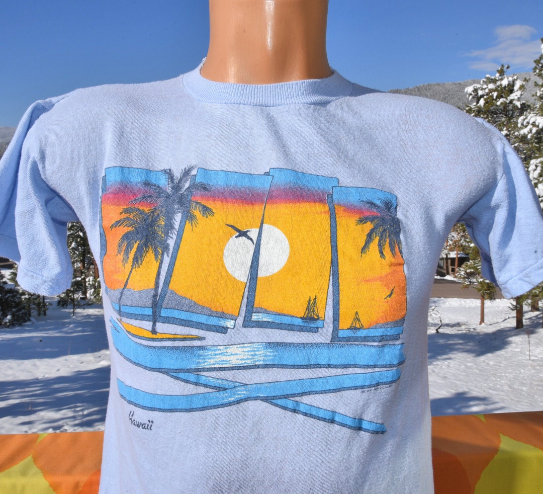 Vintage 80s T-shirt HAWAII Beach Palm Trees Sunset Cotton Medium Light ...