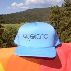 vintage 80s trucker cap EYELAND snapback baseball hat blue optical