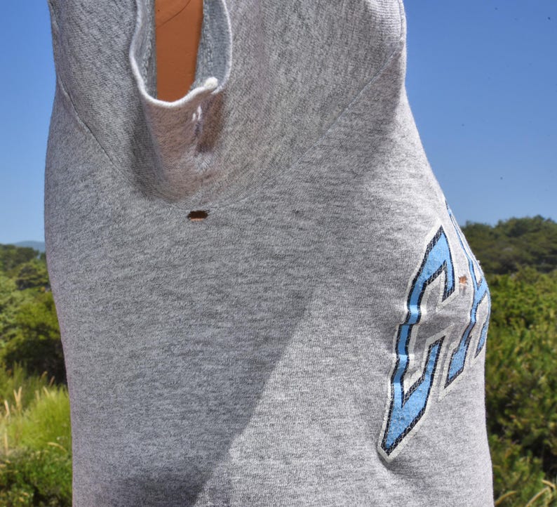 May include: A gray sleeveless shirt with a blue and white graphic on the side. The shirt is made of a soft material and has a relaxed fit. The graphic appears to be a stylized letter or symbol.