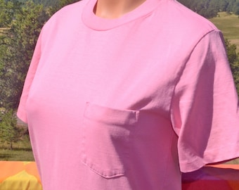 vintage 80s women pocket t-shirt LAND'S END pink tee Medium cotton