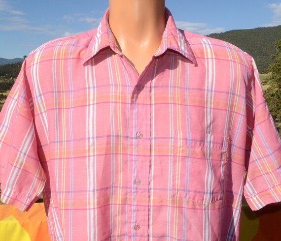 vintage 70s shirt PLAID pink short sleeve button … - image 1