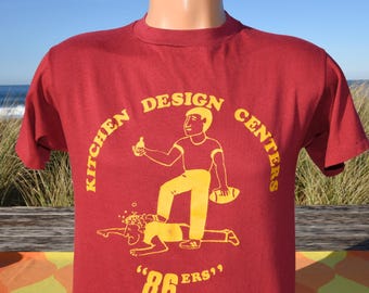 vintage 80s t-shirt KITCHEN DESIGN center team funny flock peg tee Medium Small hanes