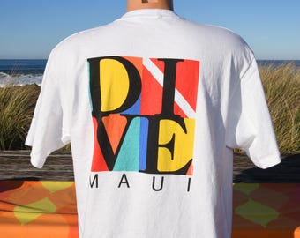 Camiseta vintage de los años 80, camiseta de buceo en Hawaii, Maui, camisetas grandes y locas