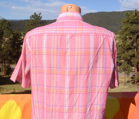 vintage 70s shirt PLAID pink short sleeve button … - image 3