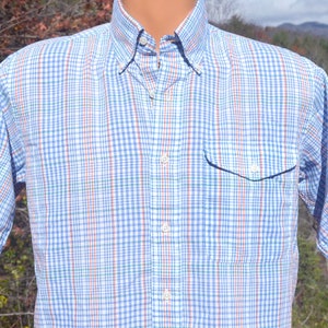 vintage 80s shirt plaid IZOD club blue white preppy button down Medium 70s