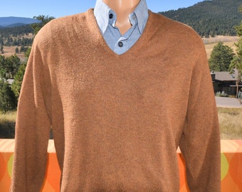 70s vintage sweater BRENTWOOD v-neck golf brown gold Large XL grandpa