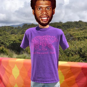 Puede incluir: Camiseta morada con cuello redondo, con un dise&ntilde;o de oso rosa y el texto "Northwest Tree". La camiseta de manga corta est&aacute; hecha de un material suave. El fondo muestra un paisaje verde y una tela colorida.