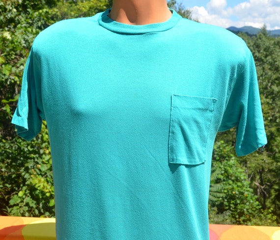 vintage 70s t-shirt POCKET plain tee teal blue gr… - image 2