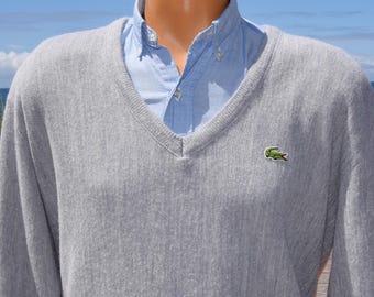 Suéter vintage Izod LACOSTE de los años 70, cuello en V, color gris jaspeado, talla L/M, estilo preppy de los años 80.