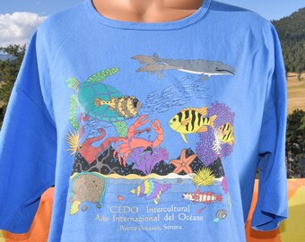 vintage 90s women tee OCEAN cedo sonora mexico boatneck t-shirt XL large