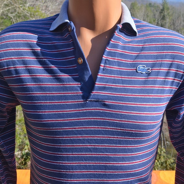 vintage 80s izod LACOSTE polo shirt rugby stripes long sleeve Small XS blue