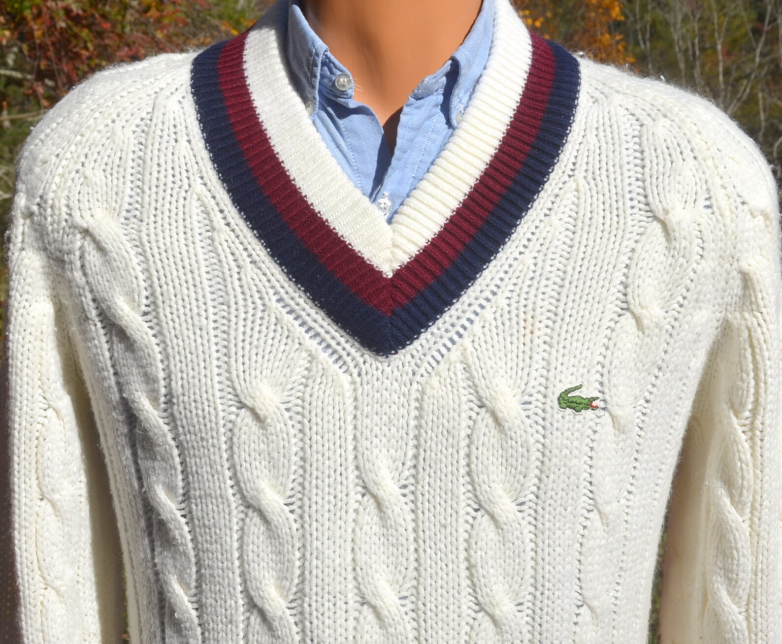 Vintage 70s izod LACOSTE sweater vneck tennis stripes white Etsy
