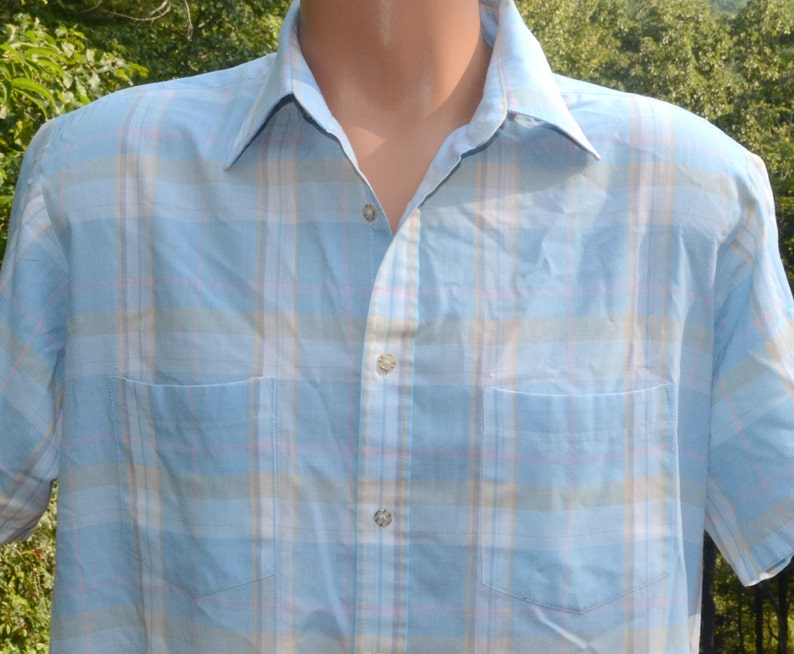 vintage 80s shirt plaid short sleeve VAN HEUSEN button down Large soft thin