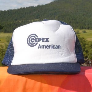 70s vintage trucker mesh hat CEPEX american snapback blue white 80s baseball cap rockstar