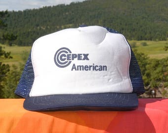 70s vintage trucker mesh hat CEPEX american snapback blue white 80s  baseball cap rockstar
