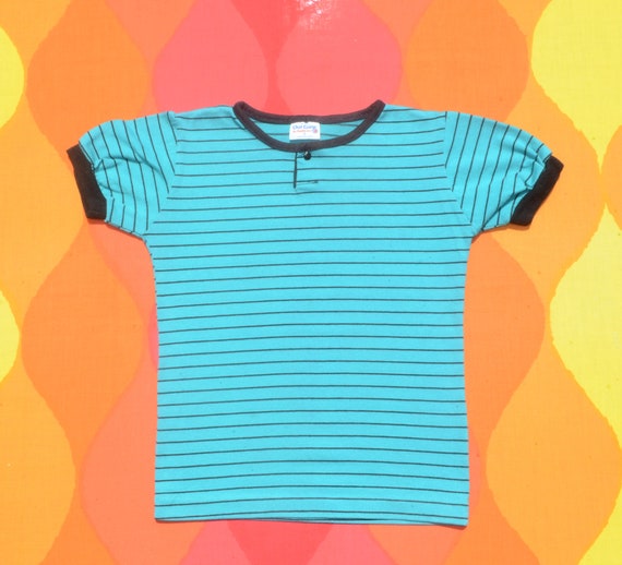vintage 80s kid t-shirt STRIPES teal henley healt… - image 1