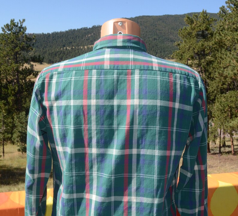 vintage 80s plaid FLANNEL shirt button down green van heusen Medium preppy