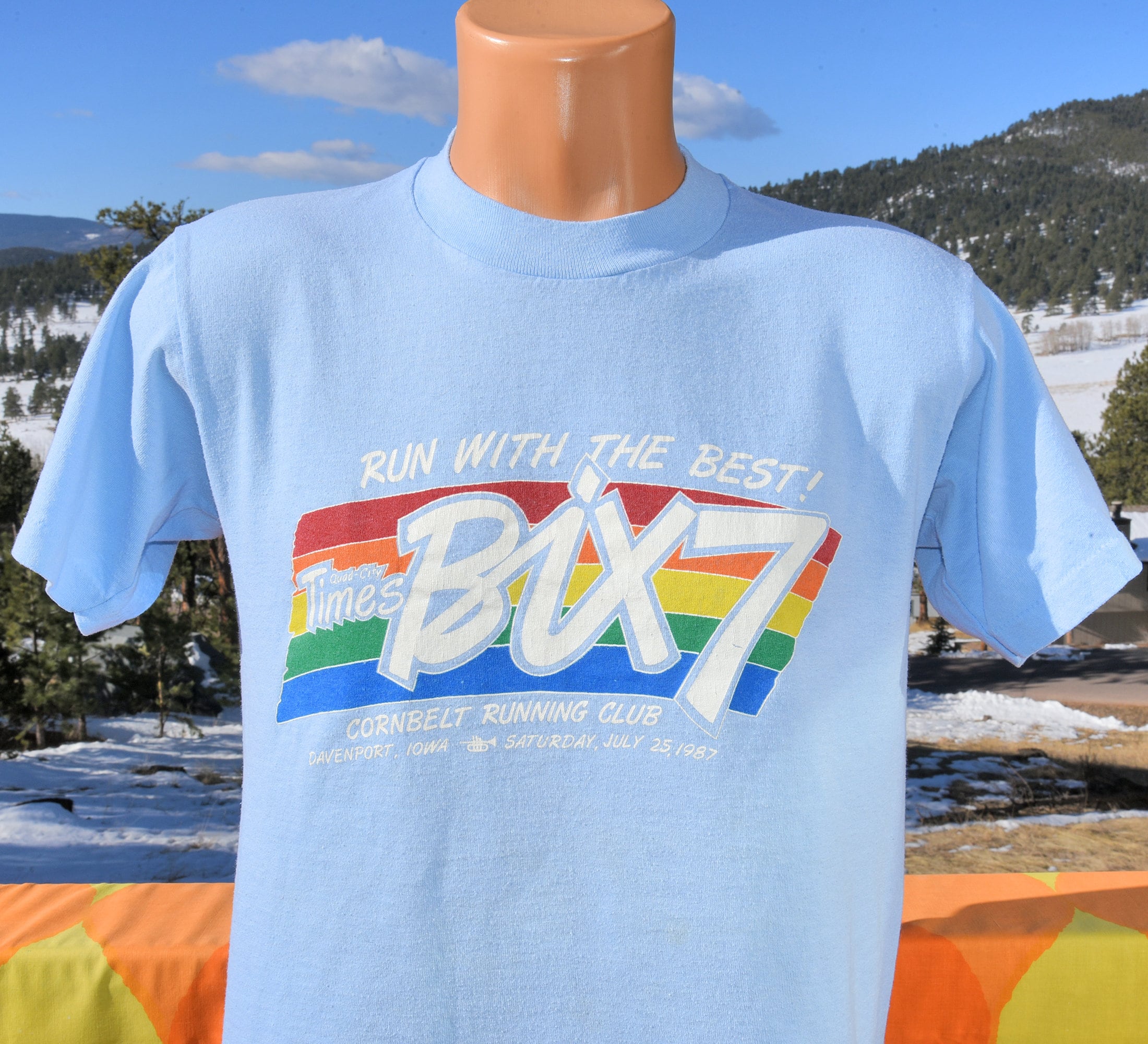 Vintage 80s Tee BIX 7 Run Iowa Rainbow Race T-shirt Medium Small