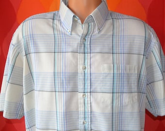 Vintage 70s Plaid Short Sleeve Shirt: Preppy Blue, White, XL
