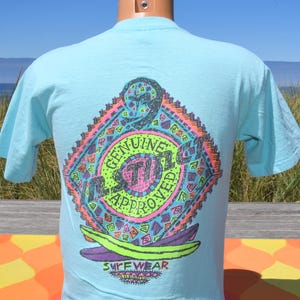 vintage 80s t-shirt INSTINCT surf board wave neon tee Medium Small cotton