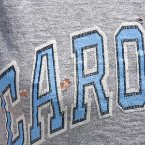 May include: Close-up of a gray sweatshirt with the word "CAROLINA" in large, distressed, light blue letters outlined in white. The fabric shows signs of wear and tear, with small holes visible.