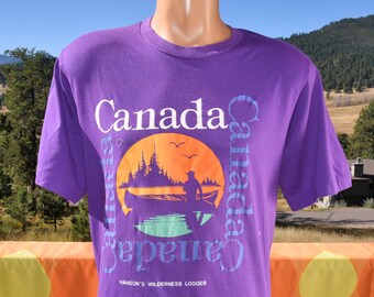 vintage 80s tee CANADA wilderness lodge sunset t-shirt XL Large fish canoe