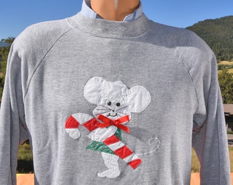 vintage 80s sweatshirt CHRISTMAS mouse crazy xmas 3D applique Medium Large