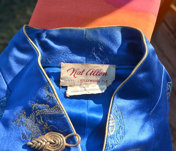 Vintage 70s Blue Kimono Robe: Nat Allen, Gold Dra… - image 5