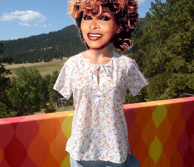 May include: A white blouse with a floral print and a tie at the neck. The blouse has short sleeves and a relaxed fit.
