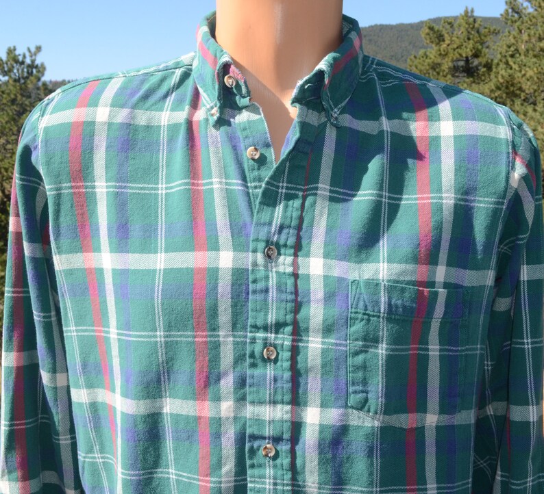 vintage 80s plaid FLANNEL shirt button down green van heusen Medium preppy