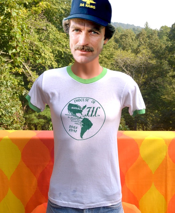 Vintage 80s Ringer Tee BUFFALO South America Catholic T