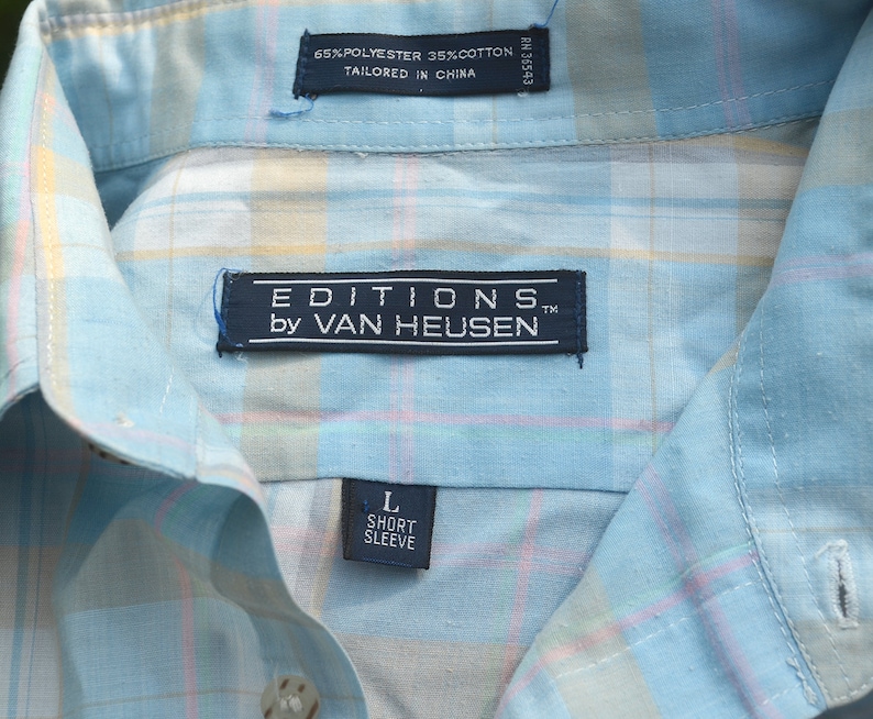 vintage 80s shirt plaid short sleeve VAN HEUSEN button down Large soft thin
