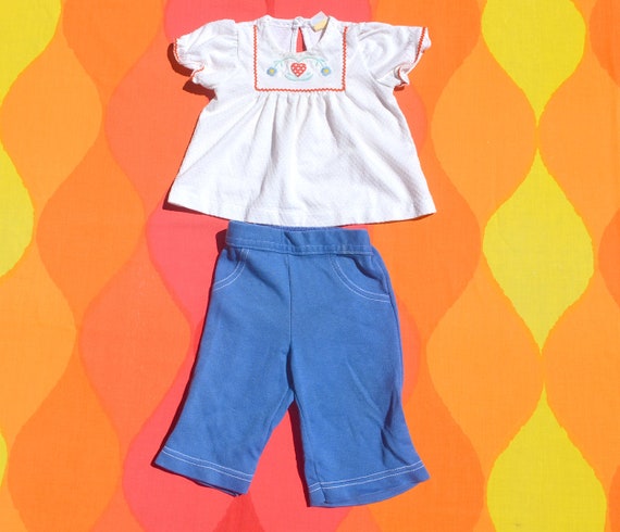vintage 70s baby outfit HEARTS hippie shirt flare… - image 1