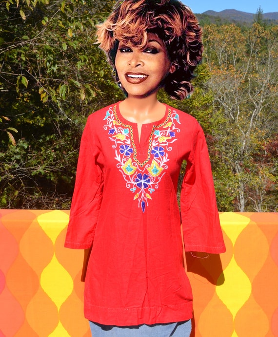 Vintage 1970s80s Orange Print Indian Kaftan Maxi Dress with Short Sleeves and Side Pocket Hippy Festival Style