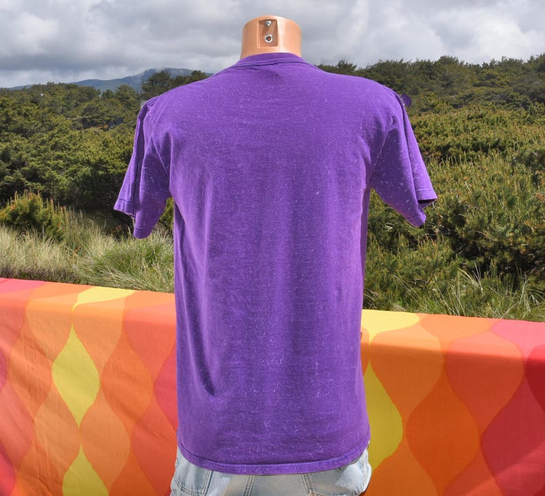 Puede incluir: Una camiseta morada con apariencia texturizada se exhibe en un maniqu&iacute;. La camiseta de manga corta est&aacute; hecha de un material suave. El fondo presenta una superficie estampada colorida y un entorno natural al aire libre.