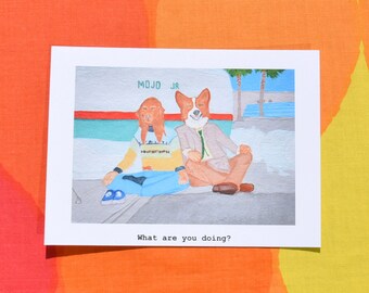 greeting card what you doing? DOGS 70s columbo parody original art corgi golden wyd