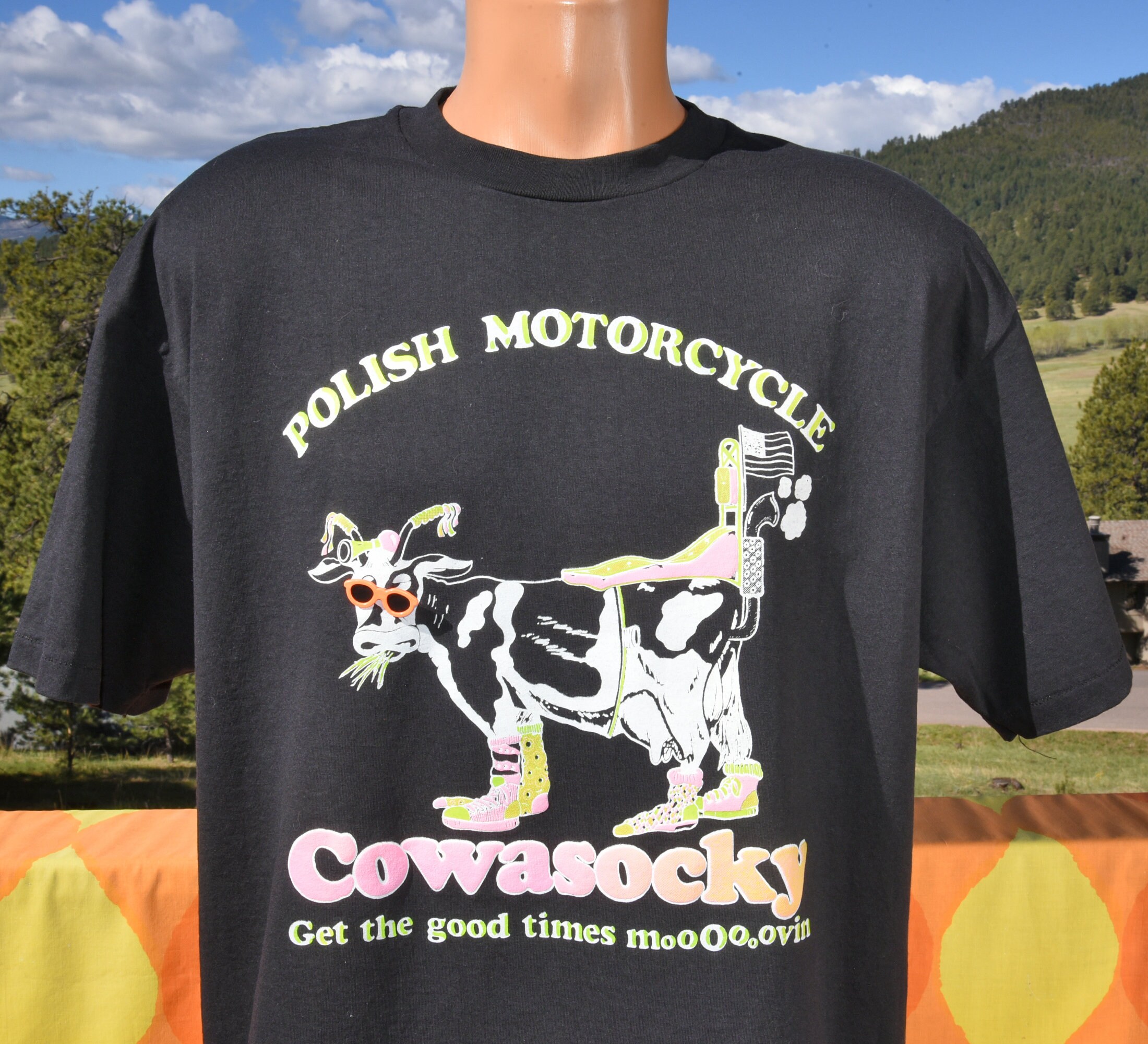 Vintage 90s Tee COWASOCKY Polish Motorcycle Cow Funny Pun T-shirt 