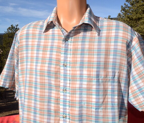 70s Vintage PLAID Shirt Short Sleeve Button Down Preppy Large Jc