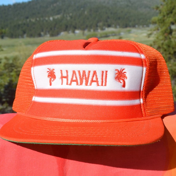 vintage 80s mesh trucker hat HAWAII stripe palm tree snapback baseball cap 70s