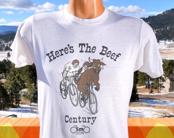 vintage 80s t-shirt HERE'S the BEEF cycling bike race tee Medium Small