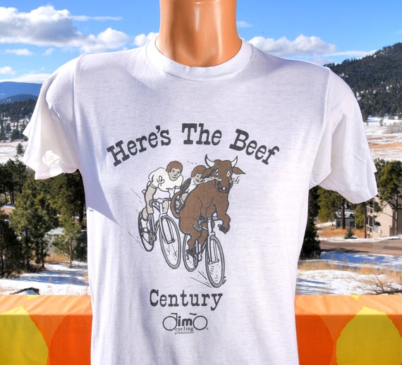 vintage 80s t-shirt HERE'S the BEEF cycling bike … - image 1