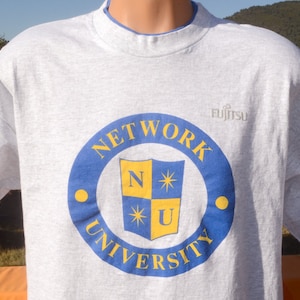 vintage 90s t-shirt FUJITSU network university tech computer ringer roll up tee Large XL technology 80s