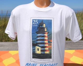 vintage 80s t-shirt MAINE seacoast lighthouse postage stamp tee Large Medium 1989