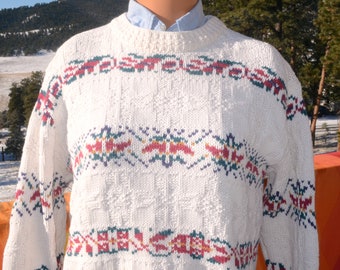 vintage 80s sweater COTTON HARBOR tribal stripe snowflake women Large crewneck
