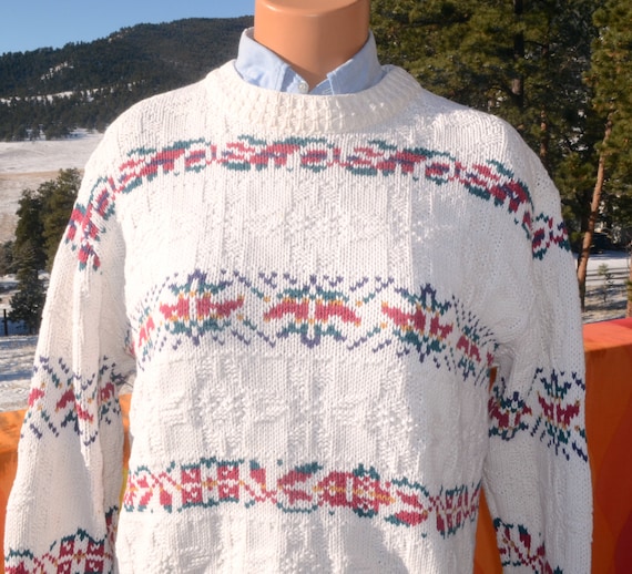 vintage 80s sweater COTTON HARBOR tribal stripe snowflake women Large crewneck